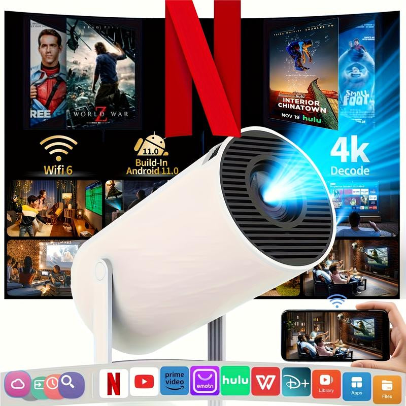 HY300 Pro Mini Taşınabilir Projektör, WiFi 6 ve Kablosuz 5.0 ile 4K/260ANSI Akıllı Projektör, Ayarlanabilir Ekran, 180° Dönüş, Dahili Android 11.0 İşletim Sistemi, Hi-Fi Stereo Ses, Ev Sineması